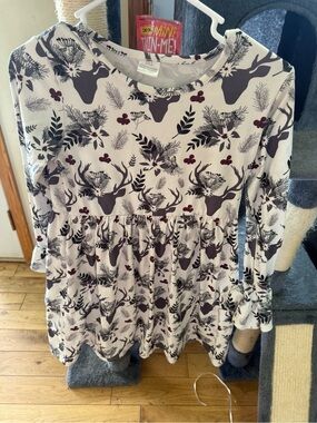 Girls' Long-Sleeve Deer & Floral Casual Dress - Cream with grey Accents
